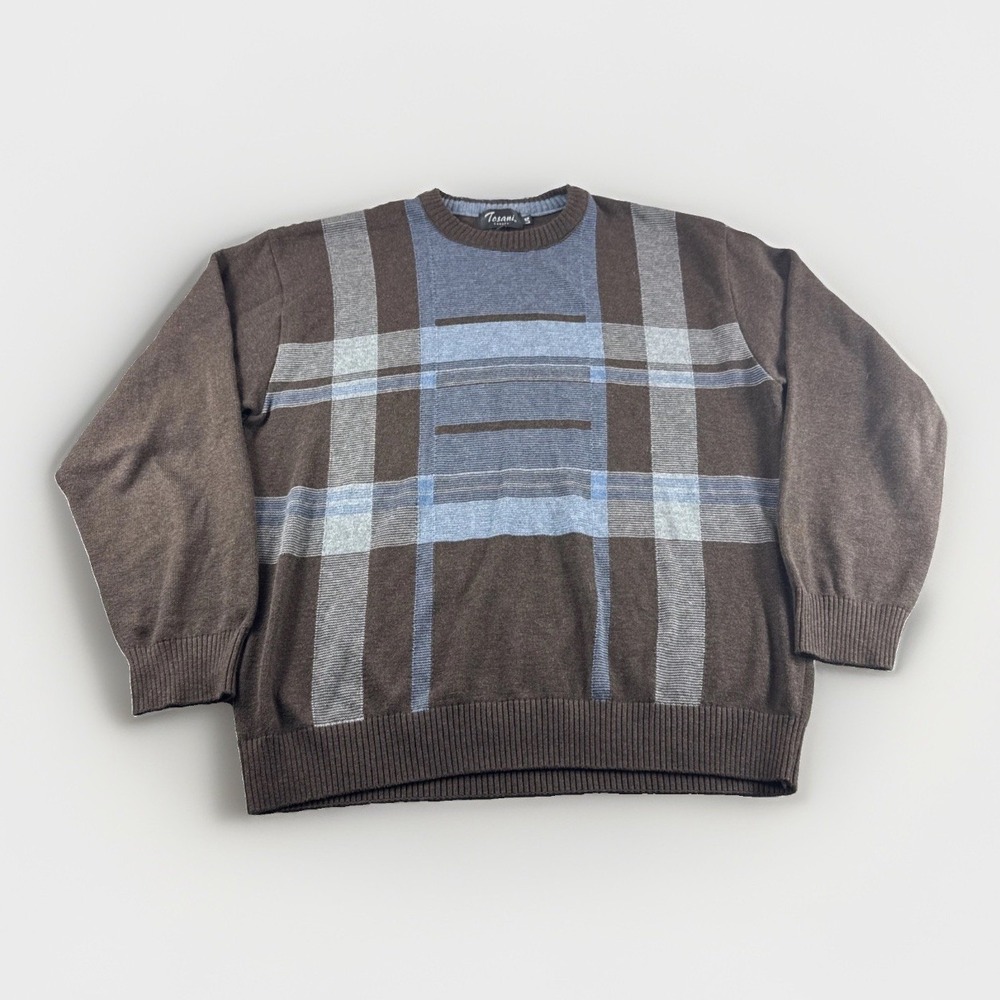 Vintage Tosani Canada Sweater Men L Brown Check Sweatshirt Crewneck Cotton Plaid